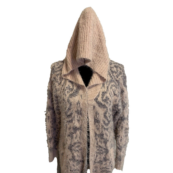 Joh Hoodie Sweater Womens S / M Open Front Long Soft Fuzzy Pink Pattern Cardigan - Picture 10 of 16